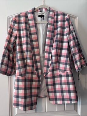 DKNY Pink Plaid Fully Lined 3/4 Sleeve Open-Front Blazer